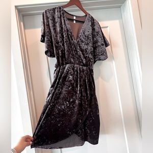 Faux Wrap, Stretch Waist Crossed Velvet Flutter Sleeve Dress